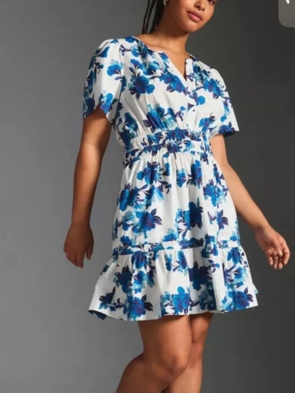 Anthropologie The Somerset Mini Dress Blue Floral Smocked Tiered Size [M ]